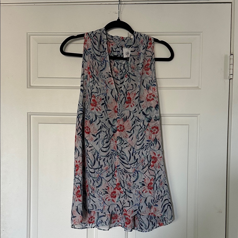 CAbi Sleeveless Floral Blouse - Red and Blue